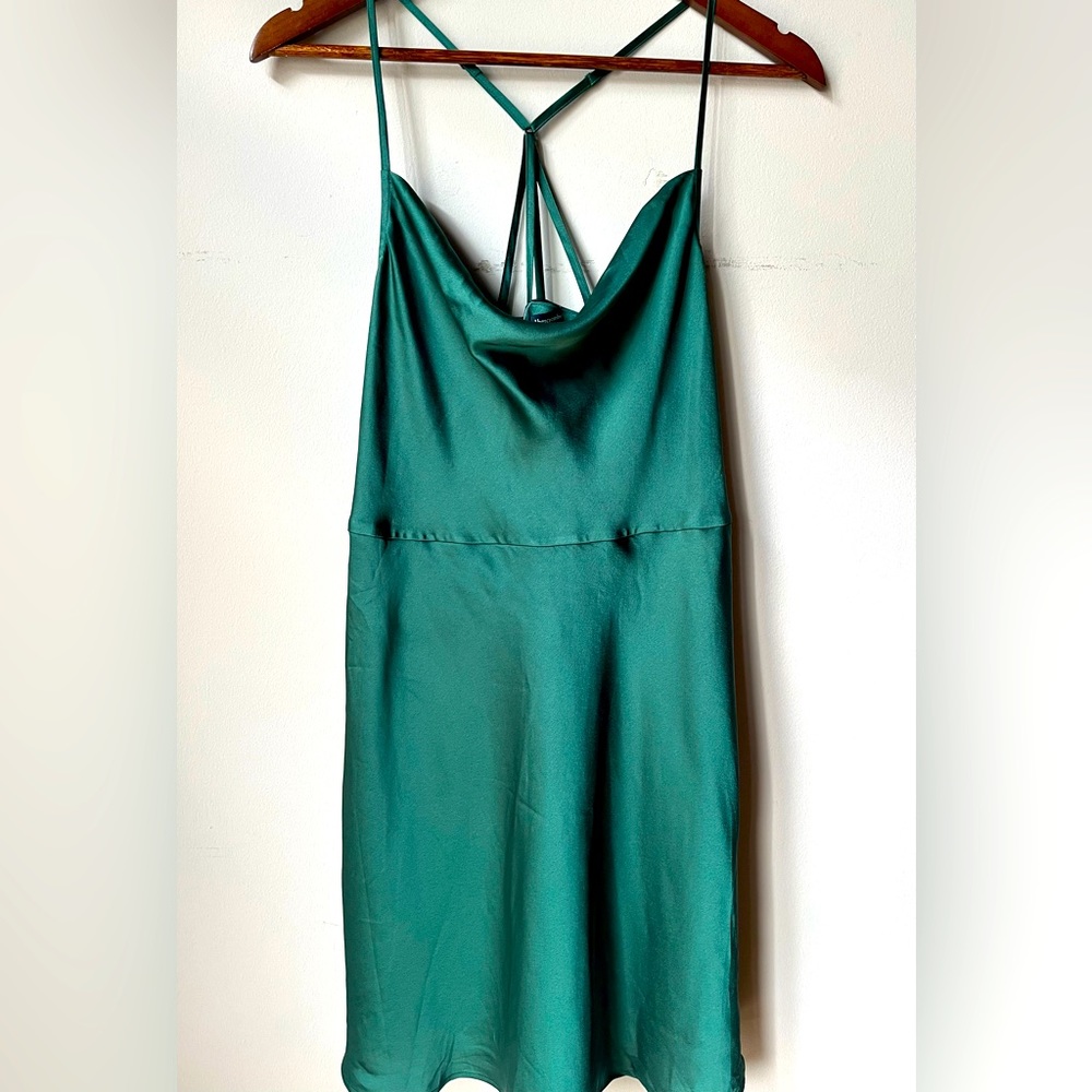 NWT Abercrombie Satin Cowl Neck Mini Dress, Forest Green, size L